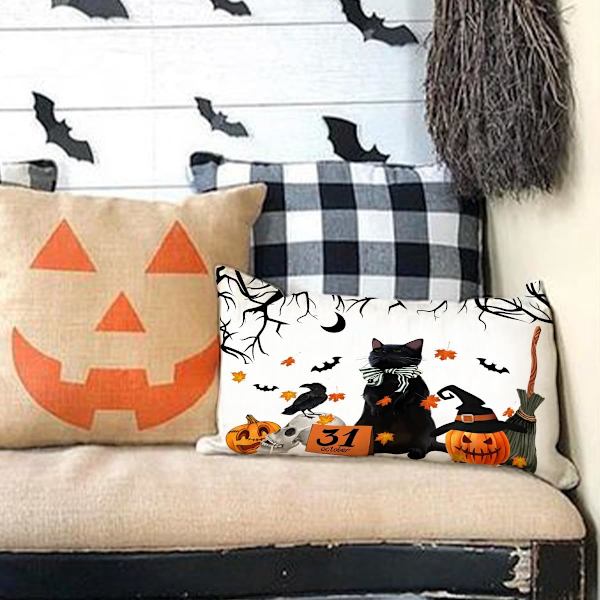 Halloween betræk 12x20 sort kat græskar akvarel Halloween