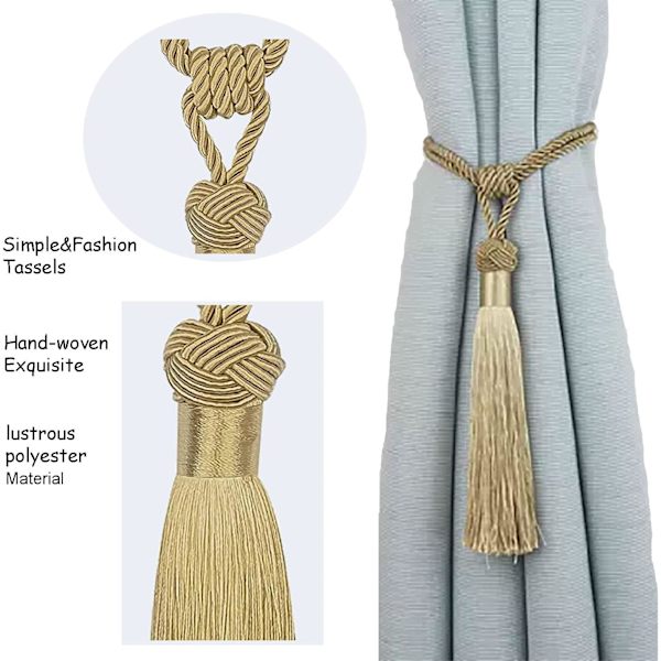 Gardinbindare Handgjorda rep Tofs Tie Backs Par Liner Tiebacks för hem dekorativa draperier Set om 4 (guld, 4)