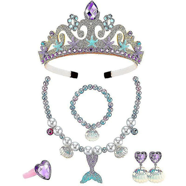 6 st Sjöjungfru Födelsedag Prinsessan Klänning Set Little Mermaid Girl Party Pannband Halsband Happy Mermaid Tema Födelsedagsfest Dekor Set A