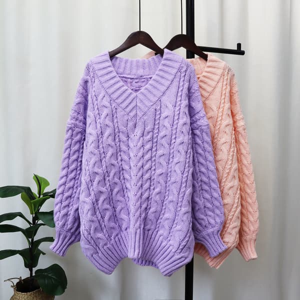 Dame Strikket Efterår Vinter Trøje Fortykket V-hals Twist Pullover Løs Blød Top Green Average size