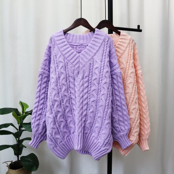Damstickad Höst Vinter Tröja Förtjockad V-ringad Twist Pullover Lös Mjuk Topp Khaki Average size