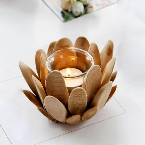 Treblomst Lysestake Tre Søyle Lysestake Blomst Telysholder Tre Trim Lotus Dekor Retro Lysestake