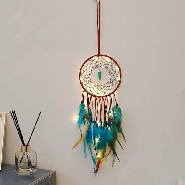 Liten Drömfångare med LED-lampor, Drömfångare Väggdekor Heminredning - 13cm diameter, 45cm längd