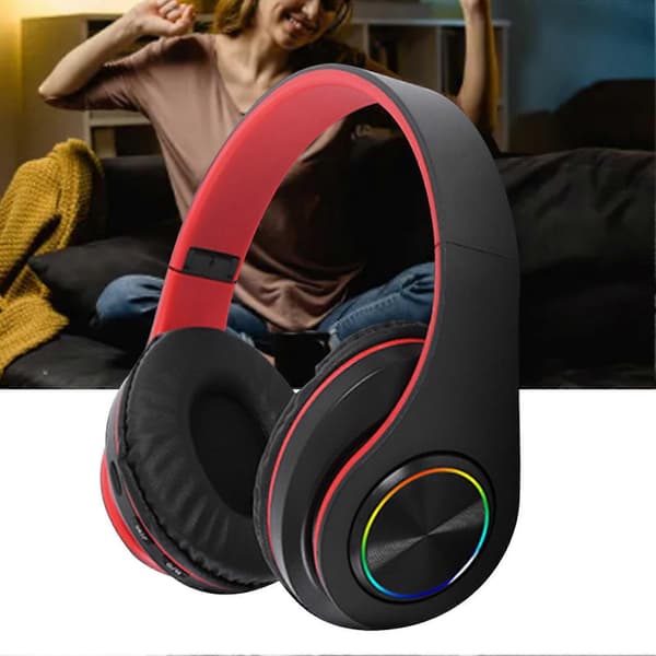 Bluetooth-headset med RGB-lys, dyb bas, støjreduktion, behagelig, vandtæt, foldbart trådløst gaming-headset, sort rød