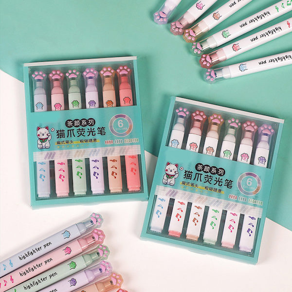 6 st/ set e Cat Paw Highlighter Soft Oblique Nib Student Drawin A