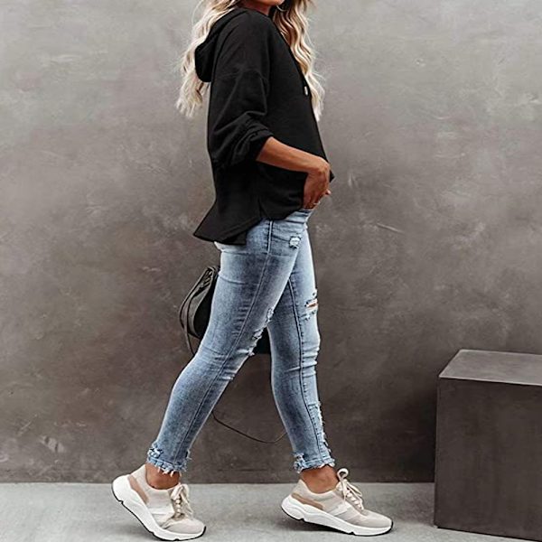 Hettegenser for kvinner Tenåringstopper Langermet Oversize Pullover-svart S
