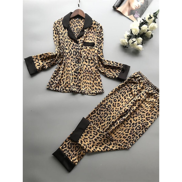 2-delat set kvinnor pyjamas set print siden satin långärmade byxor nattkläder set Lounge kostym M