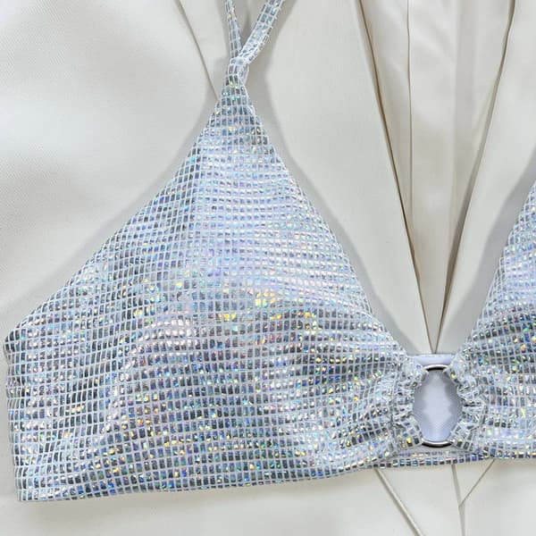Dam O-Ring String Bikini Baddräkt Fräck-Thong-Badkläder Tvådelad Baddräkt Shiny-Bikini Set för strandkläder Silver M