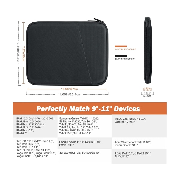 11 tommers vanntett etui Tablettveske iPad-veske, svart
