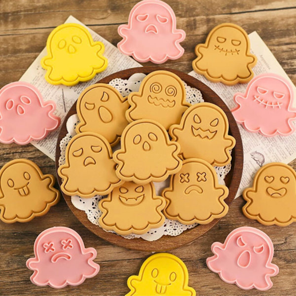 Ghost Cookie Cutter Set - 10 delar plaststämpel för Halloween bakning