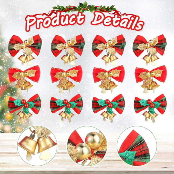 12 st Nœuds de Noël avec Cloches Décorations de Nœuds Arbre d