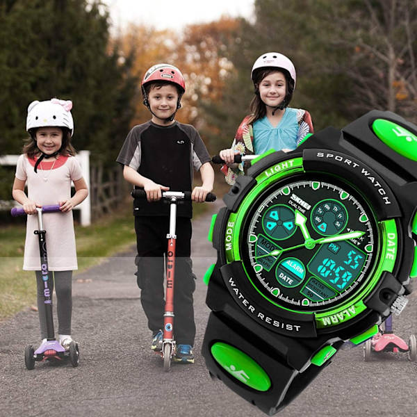 Digital watch för barn, vattentät watch för pojkar och flickor, elektronisk analog watch med larmstoppur (grön)