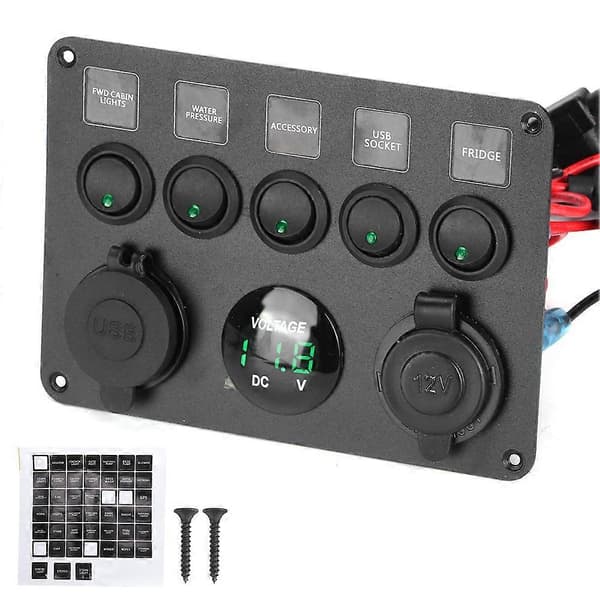 5-girs LED-vippebryterpanel med digitalt voltmeter universelt for bobil, bil, motorbåt, grønn