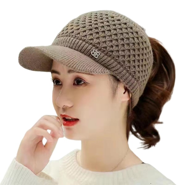 Stickad mössa Tom topp plyschfoder Casual Toppad Stretchig Håll dig varm Enfärgad Höst Vinter Dam Cap för utomhusbruk Khaki
