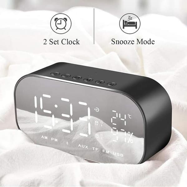 Svart digital speil-vekkerklokke med Bluetooth-høyttaler, lyssterk