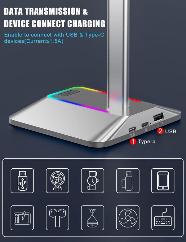 Kuuloketeline RGB-kuulokepidike 2 USB-portilla