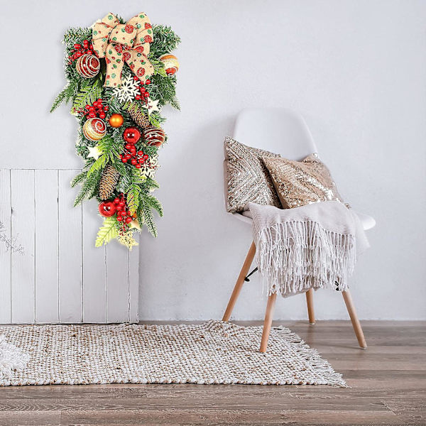Juldekoration Vägghängande upp och ner Trädhänge Teardrop julkrans med rosett Grön furu - Hängande juldekoration för ytterdörr,