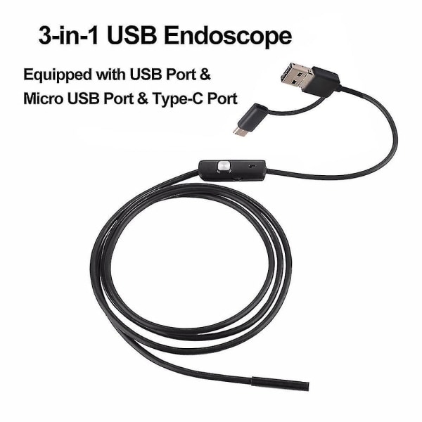 3-in-1 teollinen endoskooppi Borescope tarkastuskamera Sisäänrakennettu 6 LEDiä Ip67 vedenpitävä USB Type-C endoskooppi