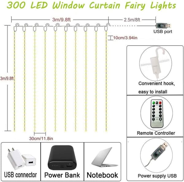 300 LED Gardinlys, USB Vinduslys, 3m x 3m 8 Moduser Fjernkontroll