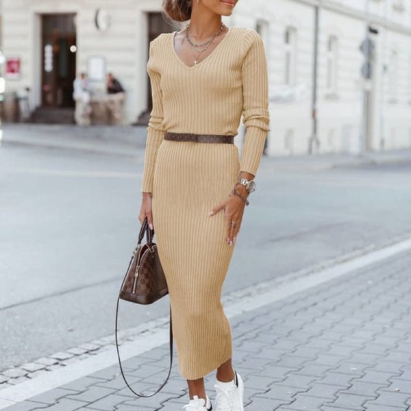 Strikket lang kjole kvinder V-hals Stretch Slim langærmet kjole Khaki XL