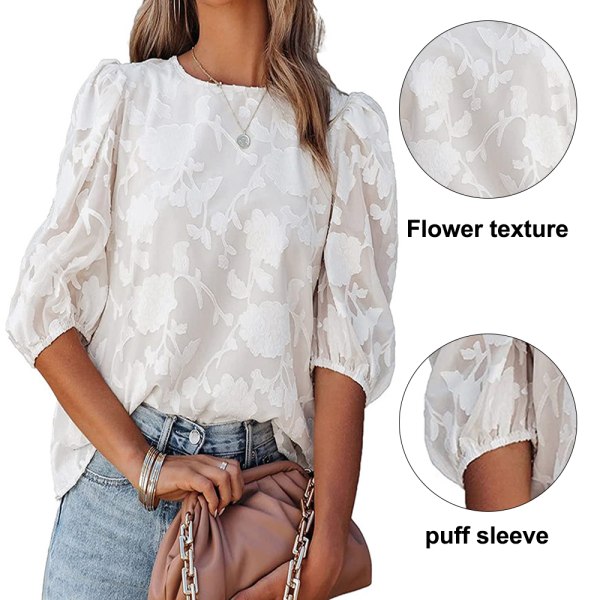 Bubble Sleeve chiffong lös topp Skjorta med blommig textur（vit） M