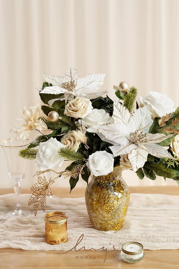 Jule kunstige blomster og grønt Combo Box Sæt, guld hvid