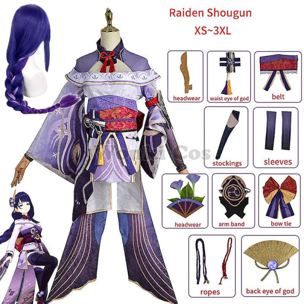 Genshin Impact Raiden hogun Cosplay Kostym Peruk Lila Långt Hår Halloween Kostymer Fullt et Genshin Baal hougun Cosplay S