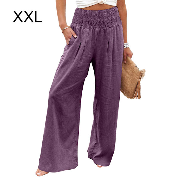Kvinnliga sommarbyxor Fickor Lösa Casual Wide Leg Lounge Purple XXL