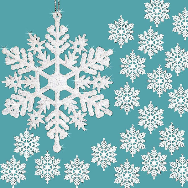 24 stycken julglitter snöflingor Vit snöflinga hängande prydnader Plast gnistrande hängande snöflingor till julgran Vinter Windo
