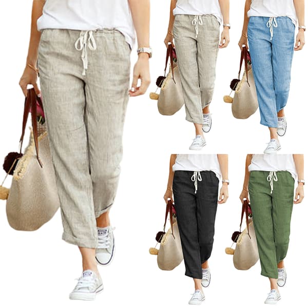 Kvinnors enfärgade lösa Casual Dragsko Elastiska midja byxor grey M