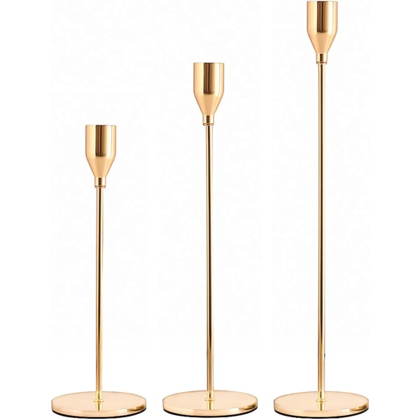 Ljushållare, guldljusstake, set med 3 högt ljusställ i metall för koniska ljus, för festbröllop, middagar, vardagsrum