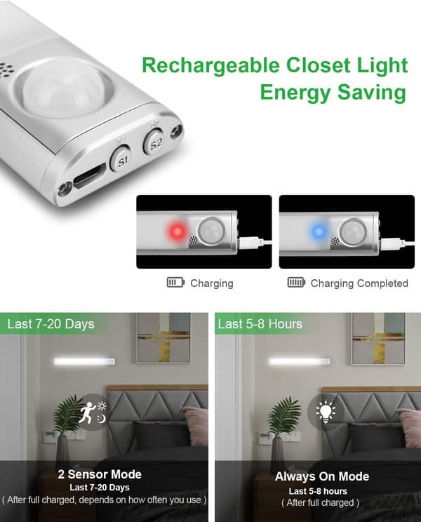 Underskabsbelysning 80 LED garderobelys, bevægelsessensorlamper 3 Packs