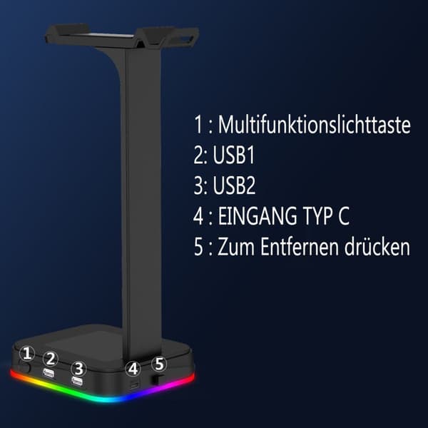 Headset-stativ med 2 USB-porter RGB-headsetholder