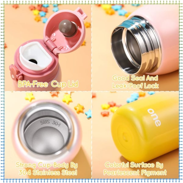 Vannflaske for barn, dobbeltvegg vakuumisolert flaske i rustfritt stål for 24 timers kjøling & 12 timer Hold varm, 266 ml (gul-rosa)