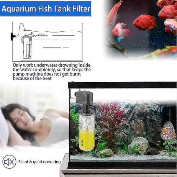 Akvarium Fisketankfilter, 3-i-1 Nedsenkbar Akvariefilterpumpe, Stillegående Intern Nedsenkbar Filter