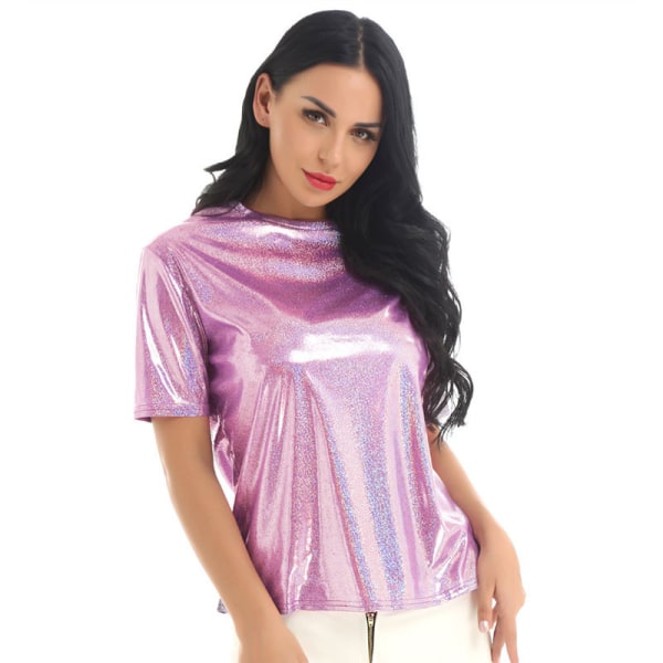 Dam T-shirts etallic Top Crewneck glänsande T-shirts pink M