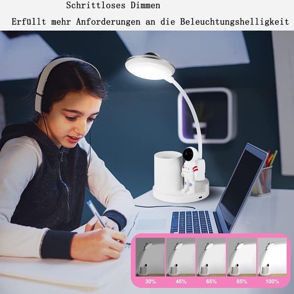 Hvit LED-skrivebordslampe for barn, batteridrevet skrivebordslampe