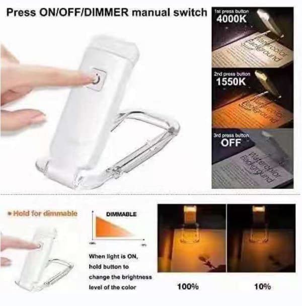 Hvit Mini LED Clip Book Light USB Oppladbar bok leselys