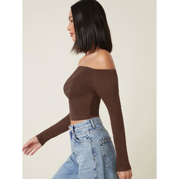 Basic långärmad, off Shoulder-monterad Crop Tee Top för kvinnor