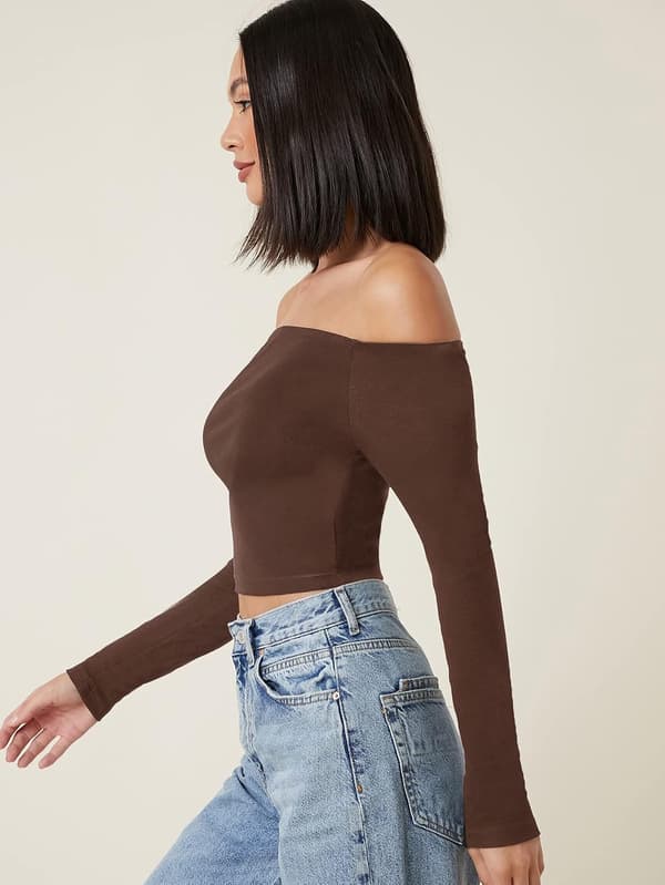 Basic langermet, off Shoulder-montert Crop Tee Topp for kvinner