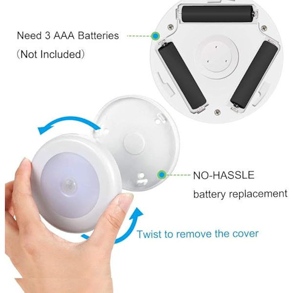 Nattljus med rörelsesensor, rörelseljus med batteri, automatisk på/av, LED-sensorljus, skåpbelysning, för hall, sovrum (varmvitt-3 st) Warm White