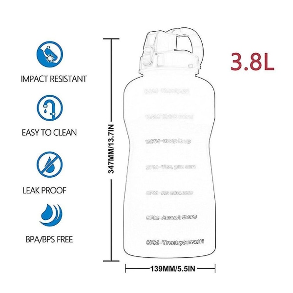 Gallon sportvattenflaska 3,8/2l stor kapacitet Tritan Bpa Free Outdoor Motivational With Time Marker Bärbara fitness pink and blue 3.8L