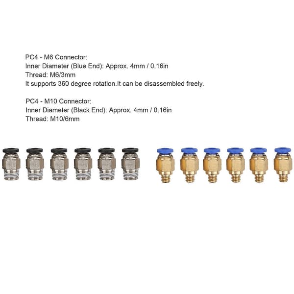 4 stk. PTFE-slange 6 stk. PC4M6-stik 6 stk. PC4M10-stik 3D-printertilbehør