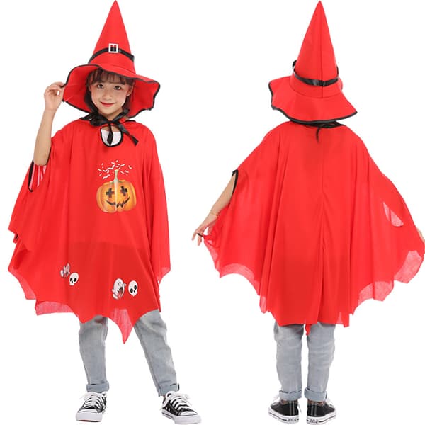 (Rød) Børne Halloween Heksekappe med Børnehat - Hudvenlig, c