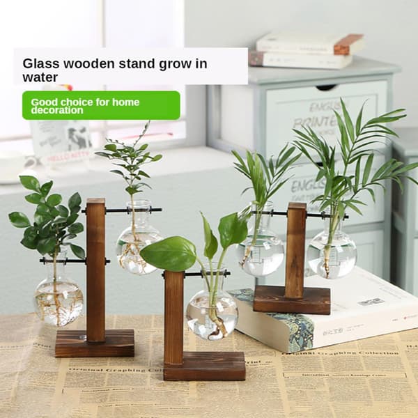 Hydroponisk Transparent Glas Vase Plante Træramme Blomst Va C One-size