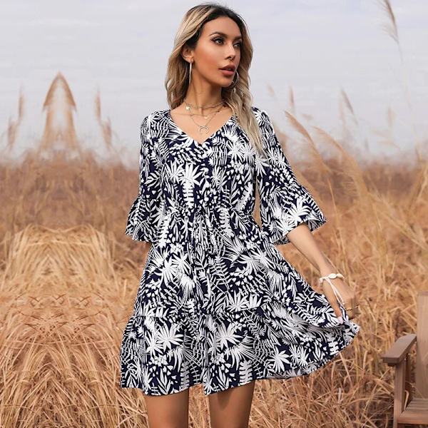 Dame Print V-hals Kort Udsvinget Ærme Elastisk Taljekjole Casual Elegante Sommerkjoler Outfits navyblue M