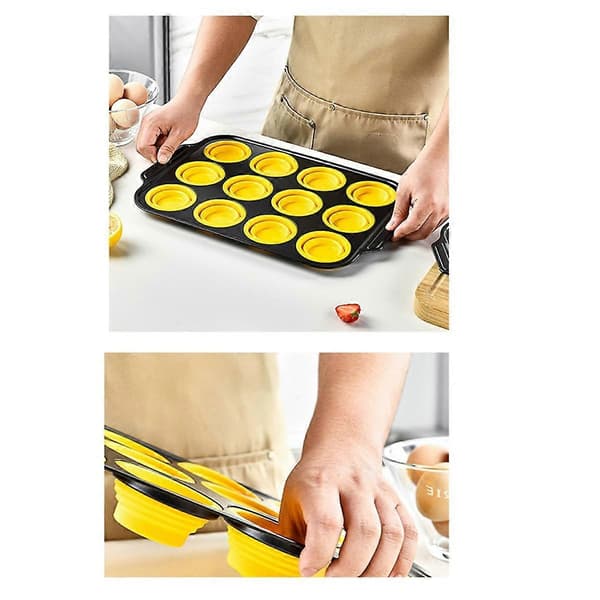 Silikonmuffinsform med metallramme, silikonformer for eggebiter til baking, muffinsformer 12 vanlig størrelse gul