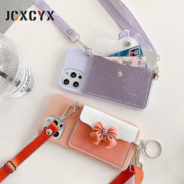 Cartoons 3d Bow Wallet Lanyard Mjukt phone case för Iphone 12 Pro Max Mini X Xr Xs 11 Pro Max 6s 7 8 Plus Se 2020 Cute Cover