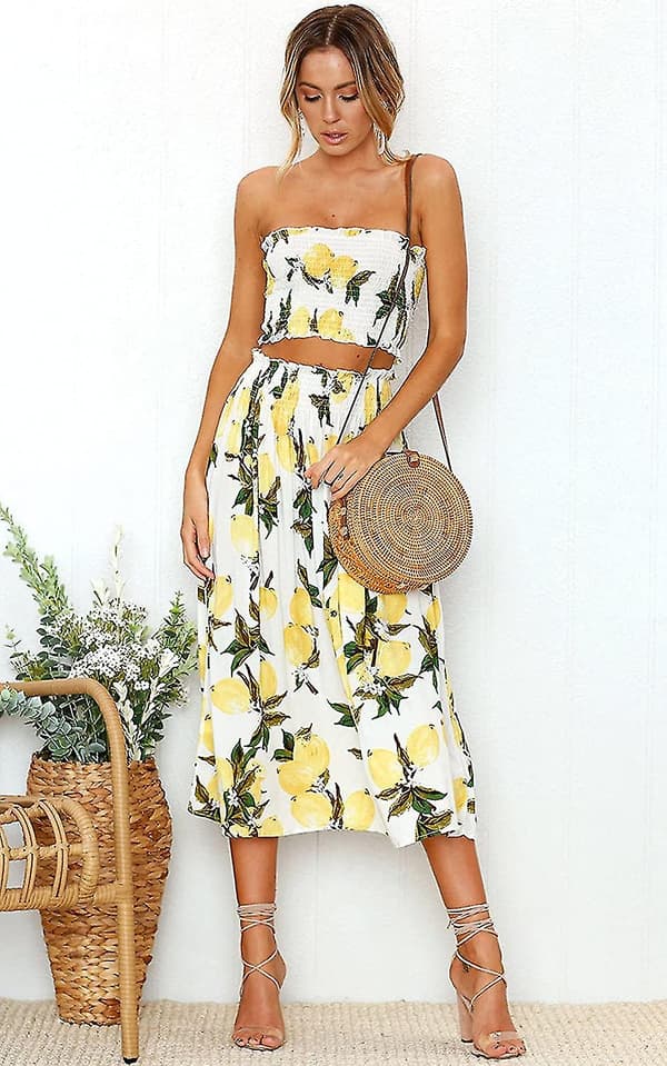 Blomstret bluse til kvinder, Maxinederdel kostumekjole Lemon Small