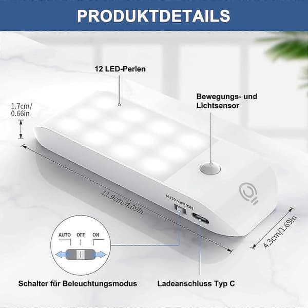 Smarte 12-LED bevegelsessensor skaplys, kjølig hvit, USB oppladbar, 2-pakning